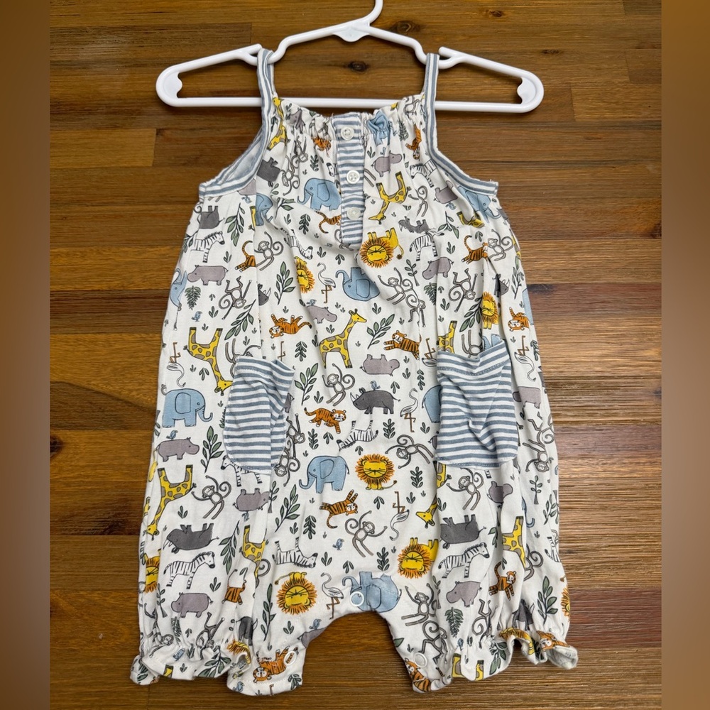 Mud Pie White Baby Romper with Blue and Yellow Animal Print